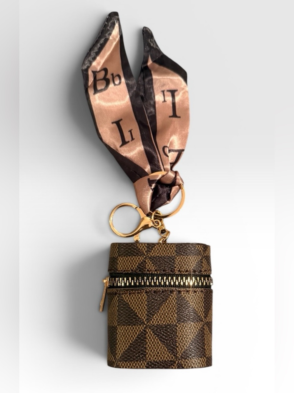 Keychain Backpack Mini Bag Charm Small Lipstick Pouch Brown W Silk Like Scarf